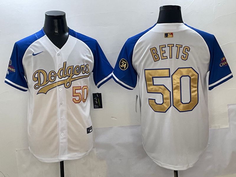 Men Los Angeles Dodgers #50 Betts White Blue Game Nike 2025 MLB Jersey style 5
